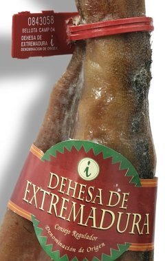 Bague (plastique) et collerette (papier) accréditant la qualité Jamón Ibérico de Bellota, pour l'Appellation d'origine Dehesa de Extremadura